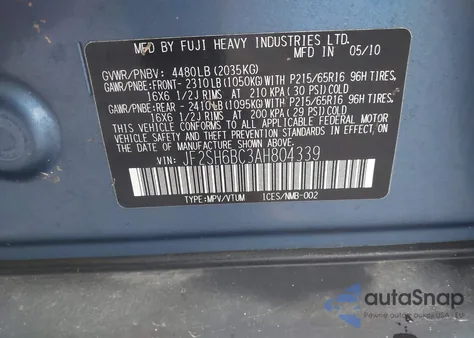 2010 Subaru Forester 2.5X from USA, damaged, VIN JF2SH6BC3AH804339